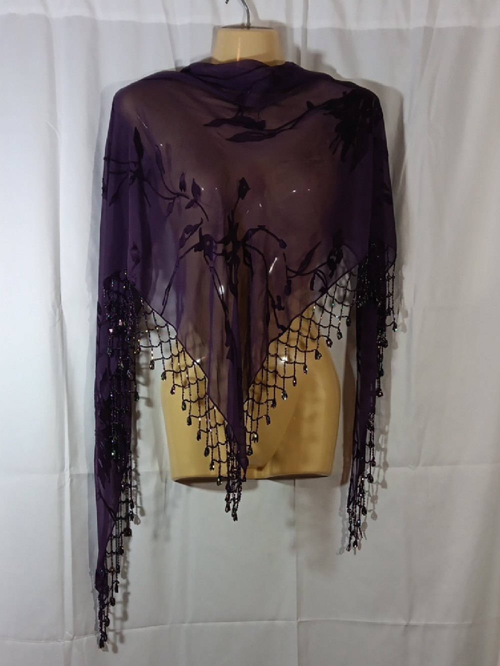 Womens Purple Beaded Scarf Sheer Satin Floral Burnout Shawl Crochet Lace